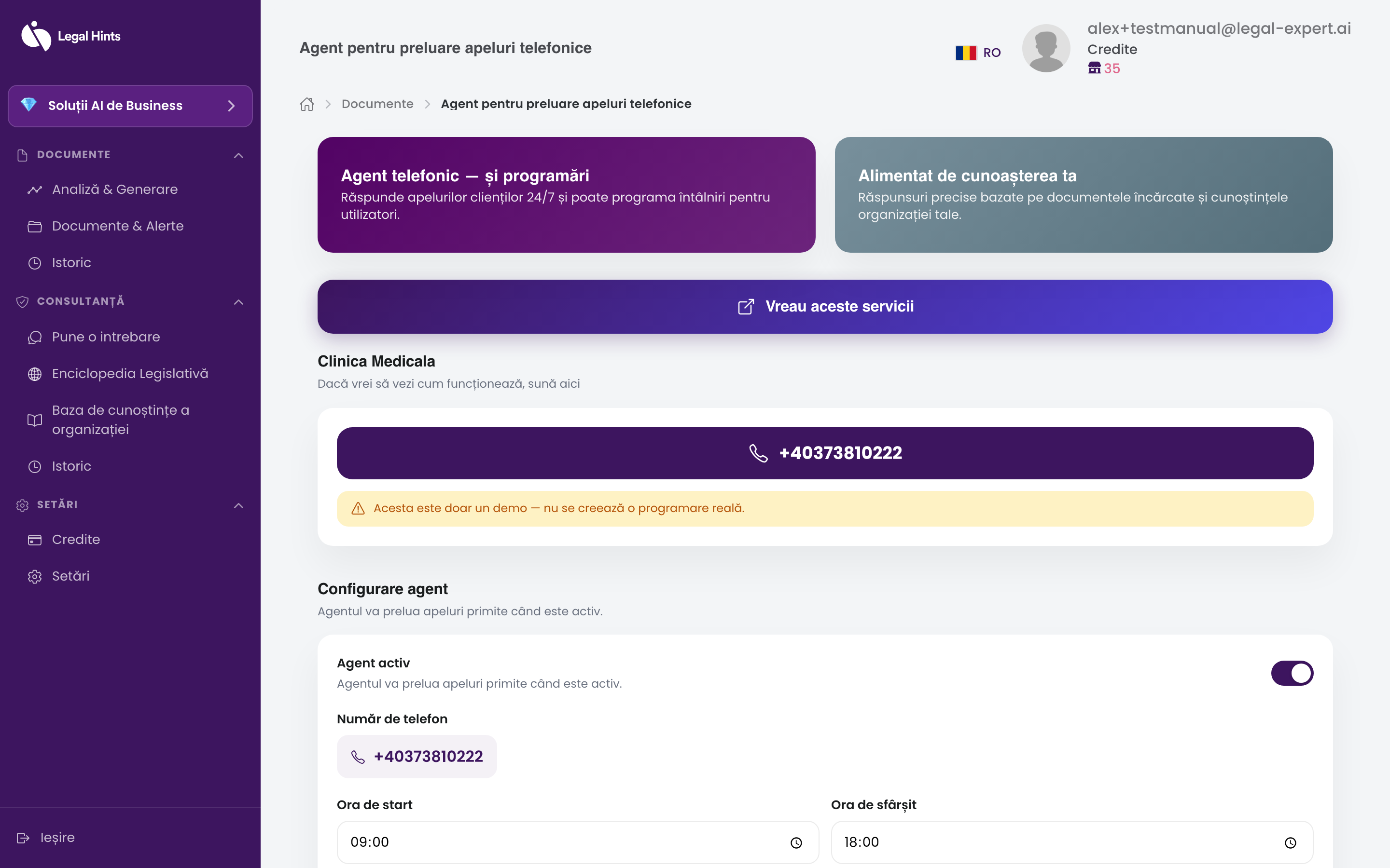 Pagina agentului telefonic din platforma Legal Hints