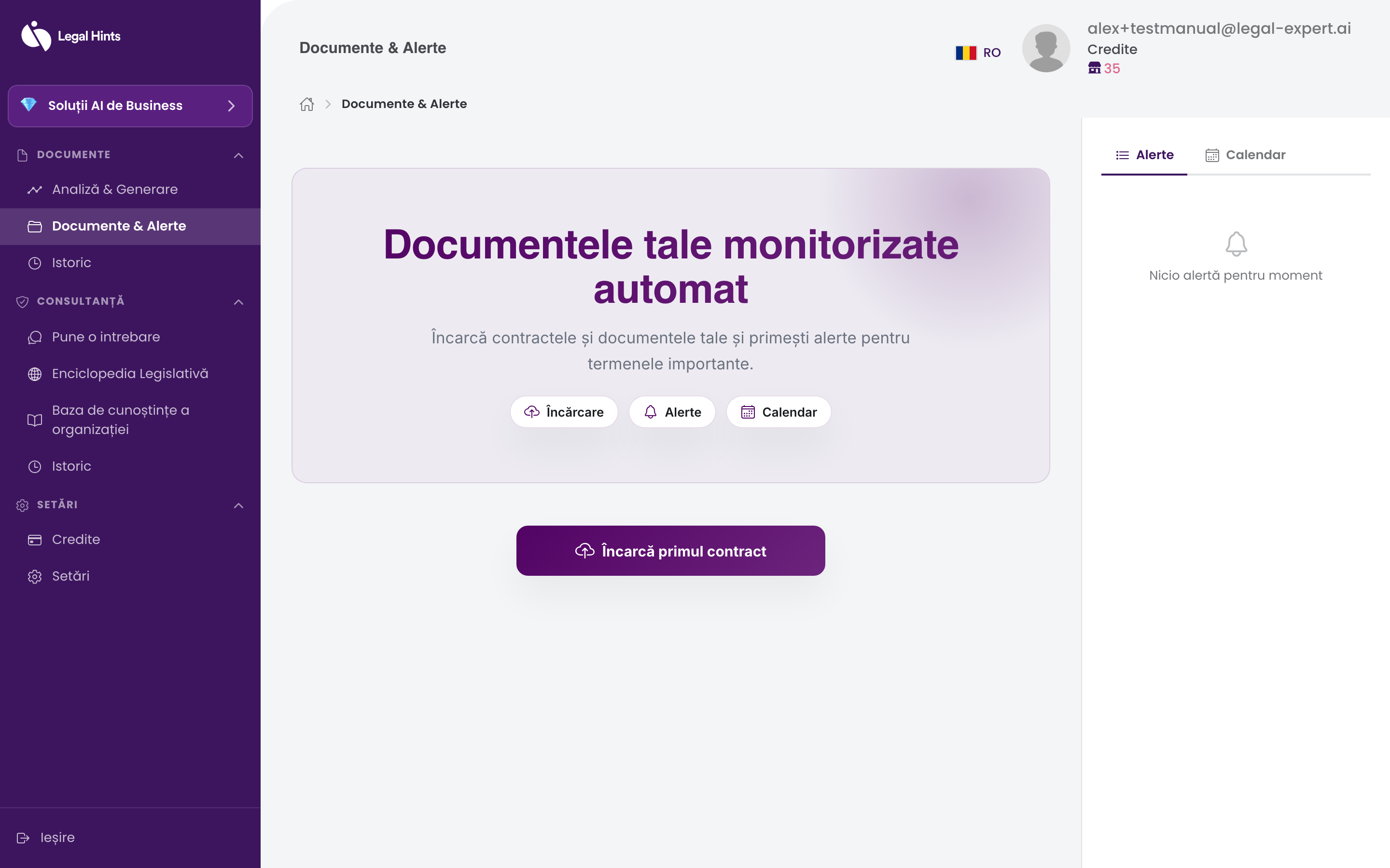 Ecranul „Documente & Alerte”, cu încărcarea contractelor și panoul de alerte și calendar