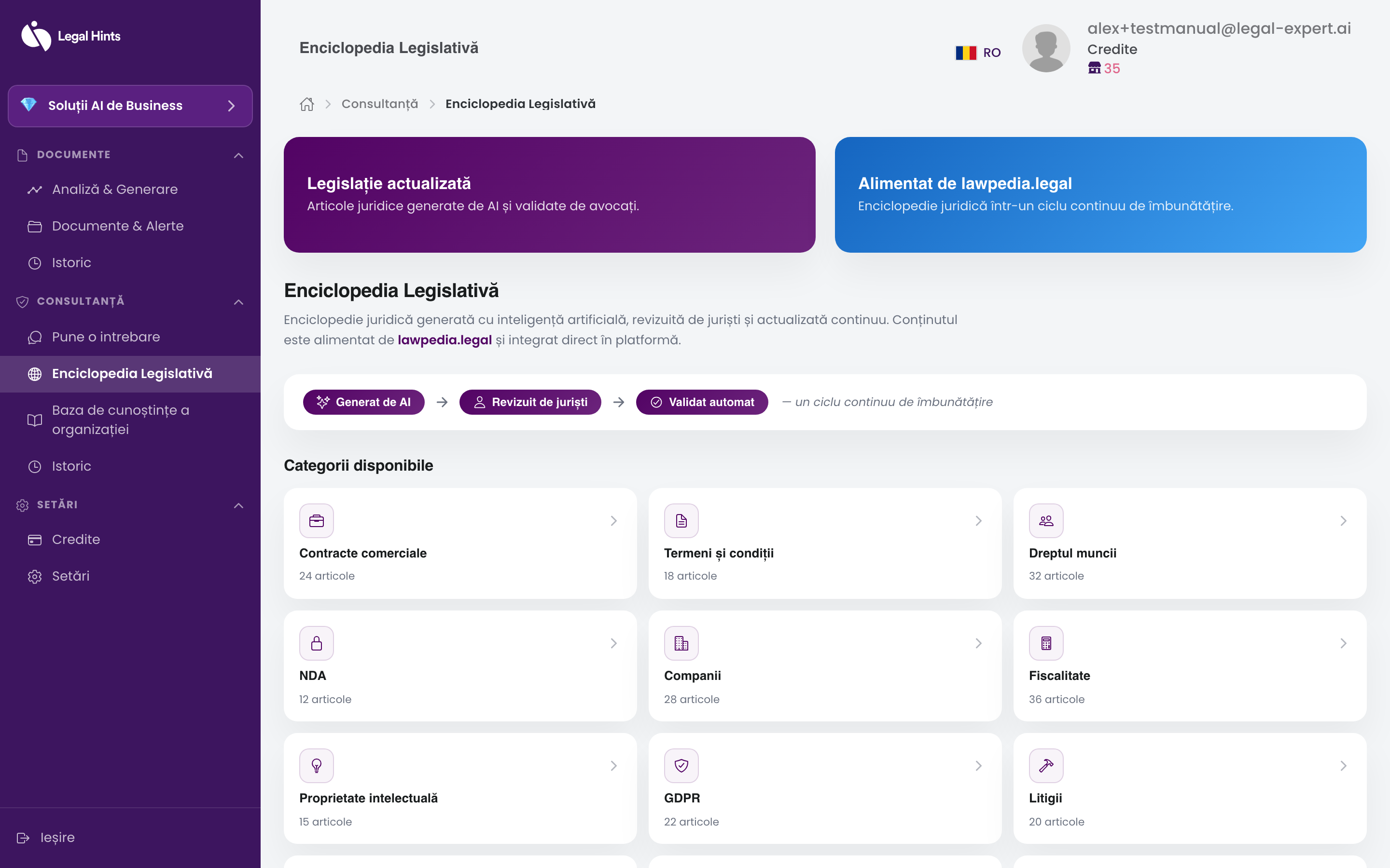 Enciclopedia legislativă LawPedia, cu lista de categorii și articole