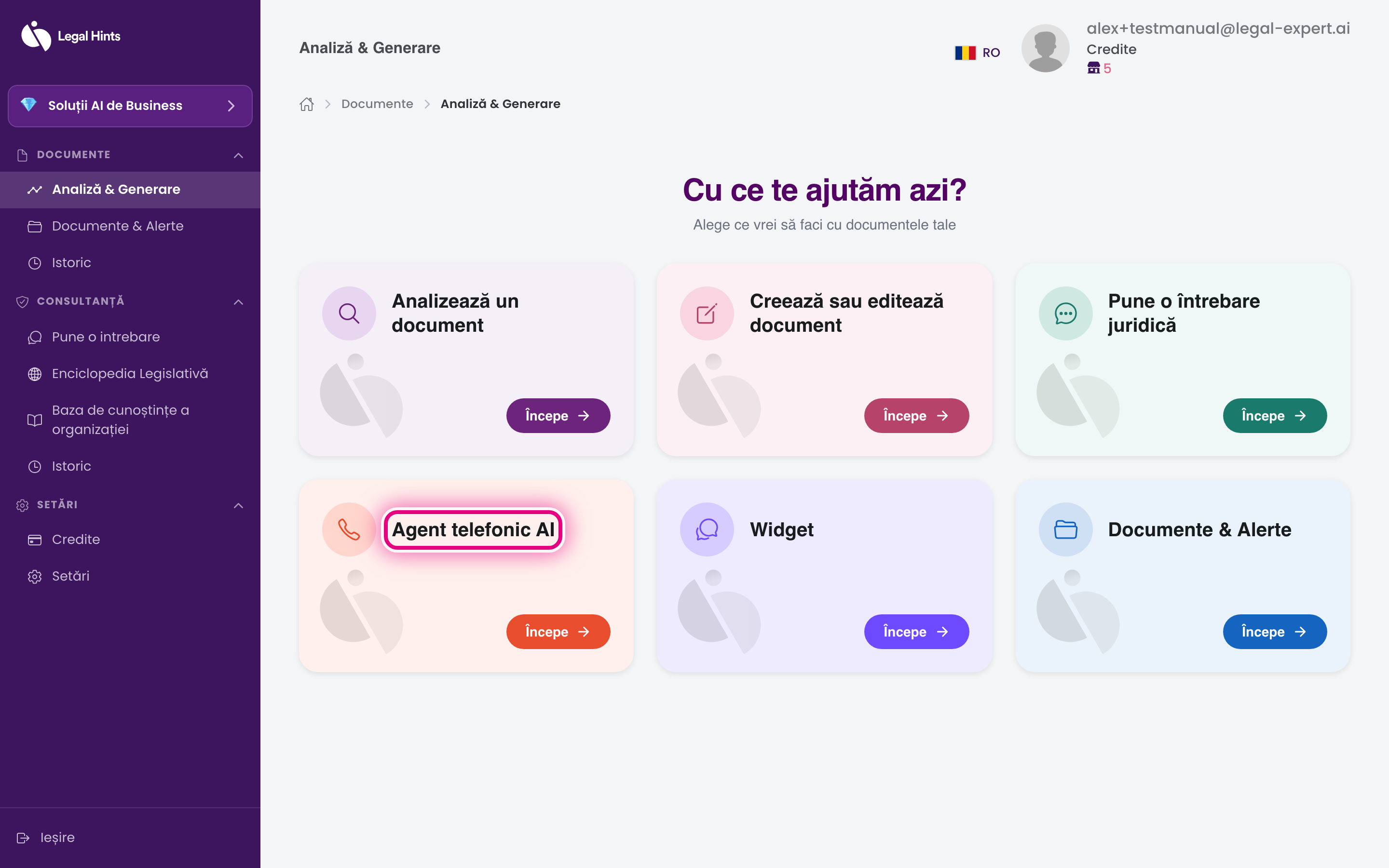 Cardul „Agent telefonic AI” din hub-ul platformei