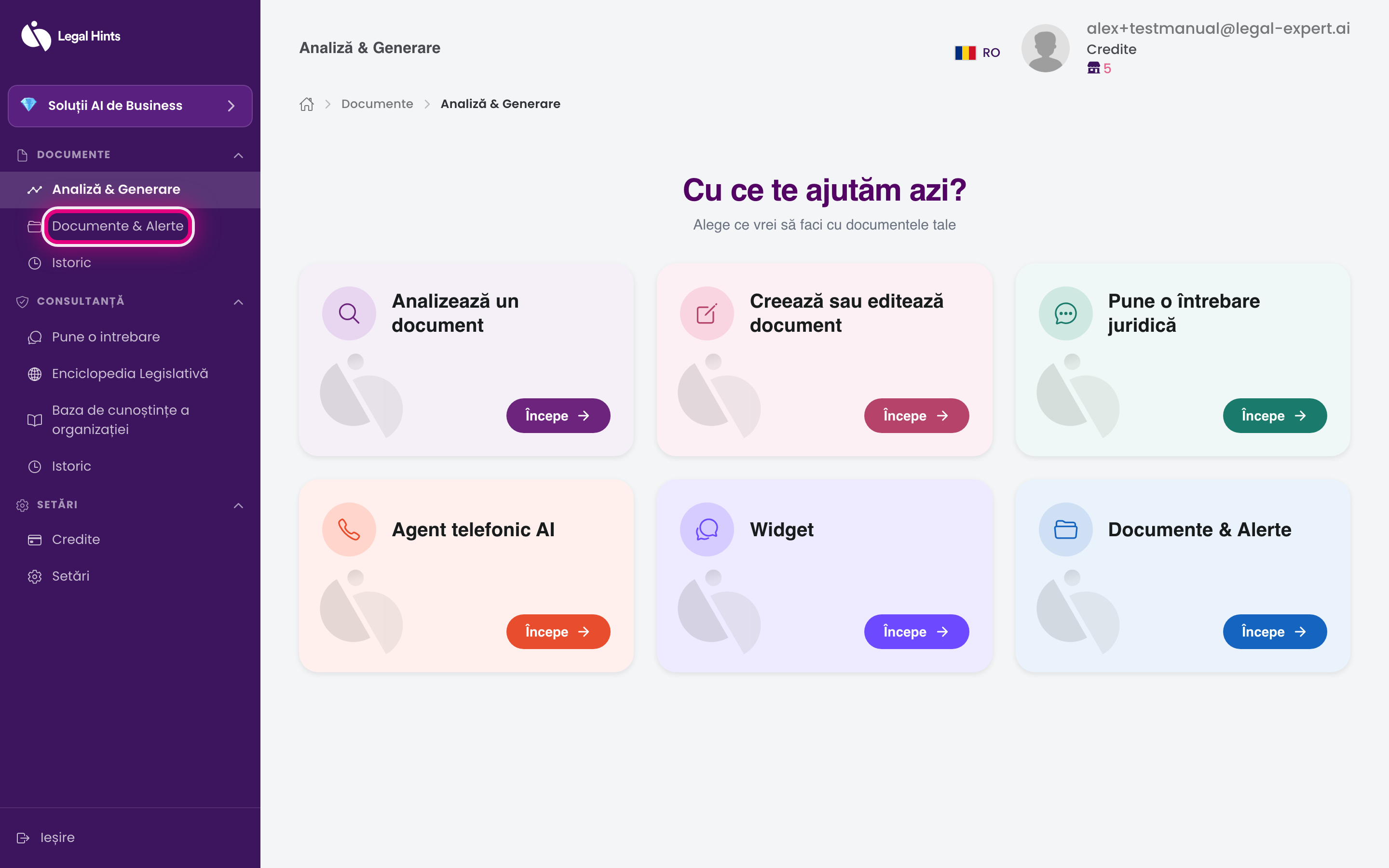 Cardul „Documente & Alerte” din hub-ul platformei
