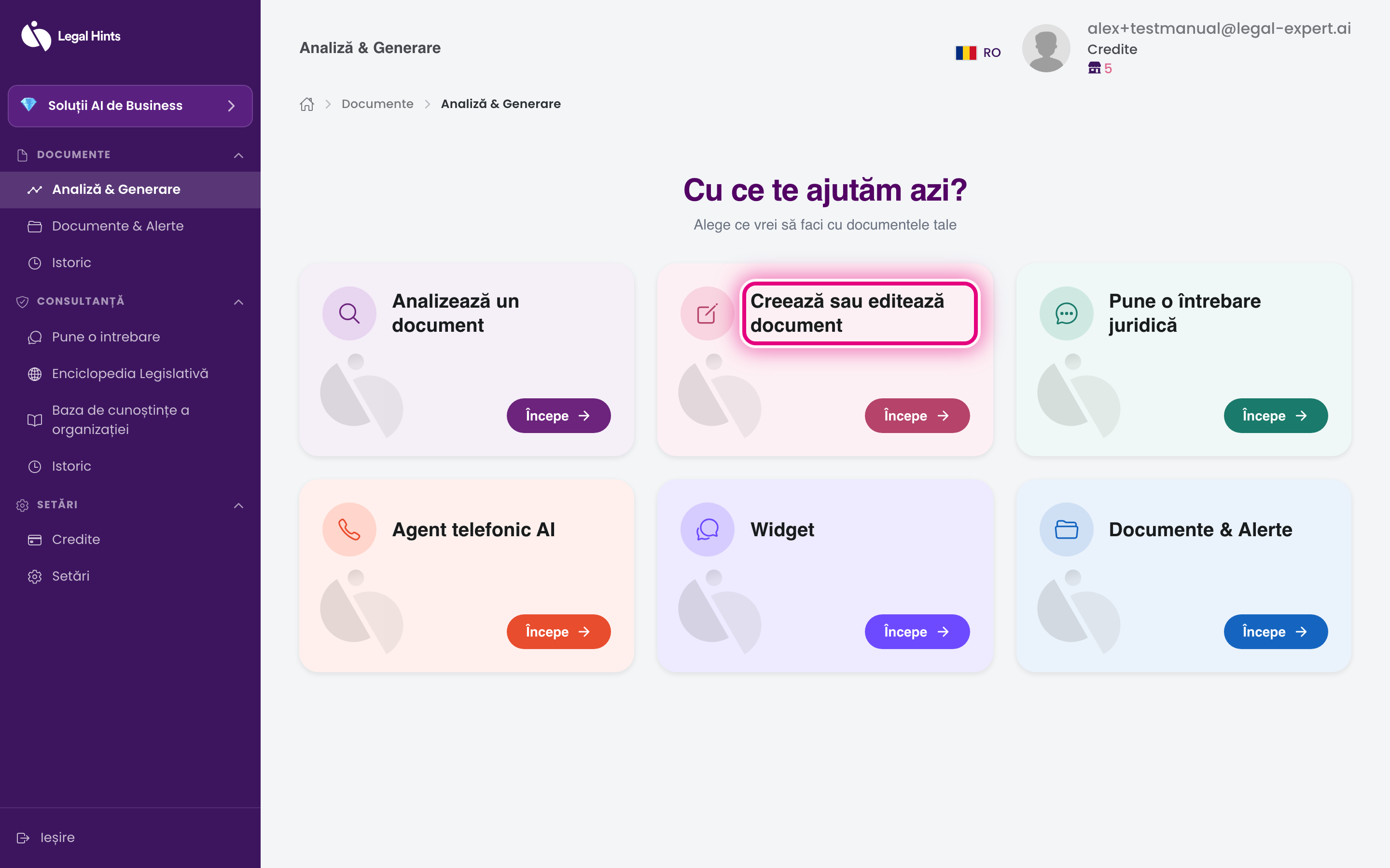 Cardul de generare a documentelor din hub-ul platformei