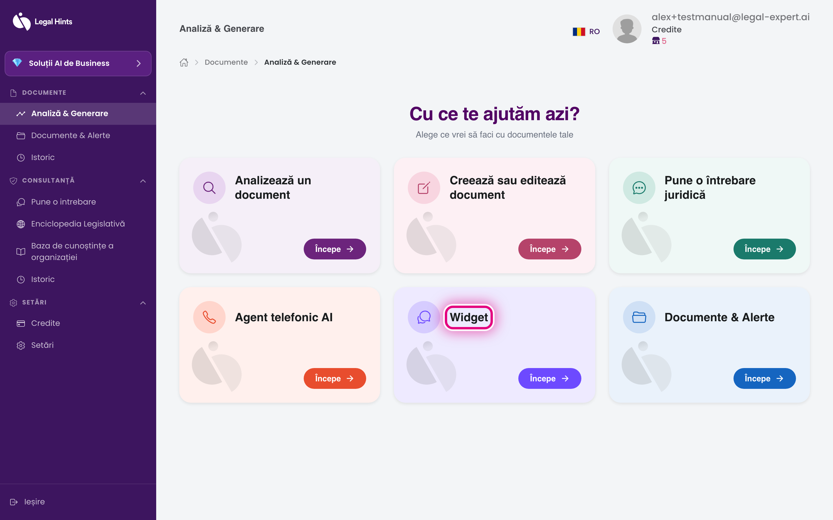 Cardul modulului de widget din hub-ul platformei
