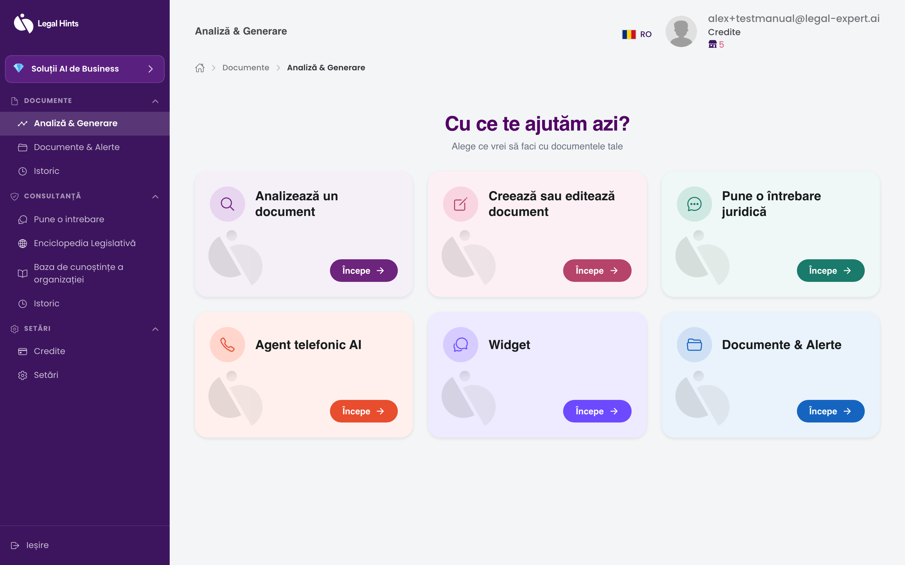 Hub-ul „Analiză & Generare“ cu principalele carduri ale platformei