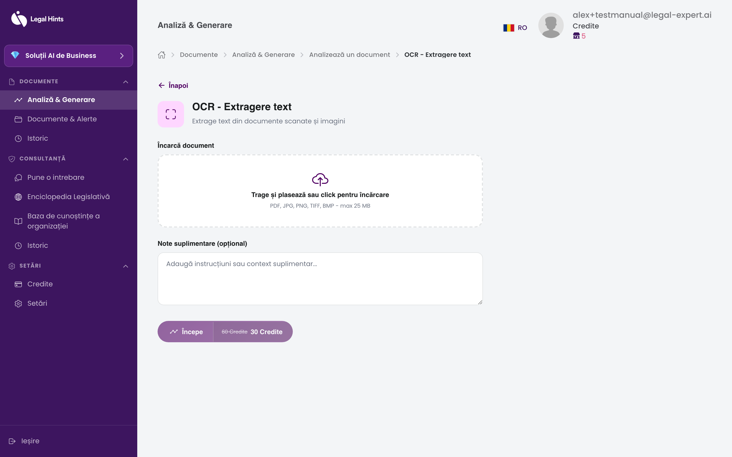 Ecranul uneltei „OCR – Extragere text”: încărcarea documentului scanat