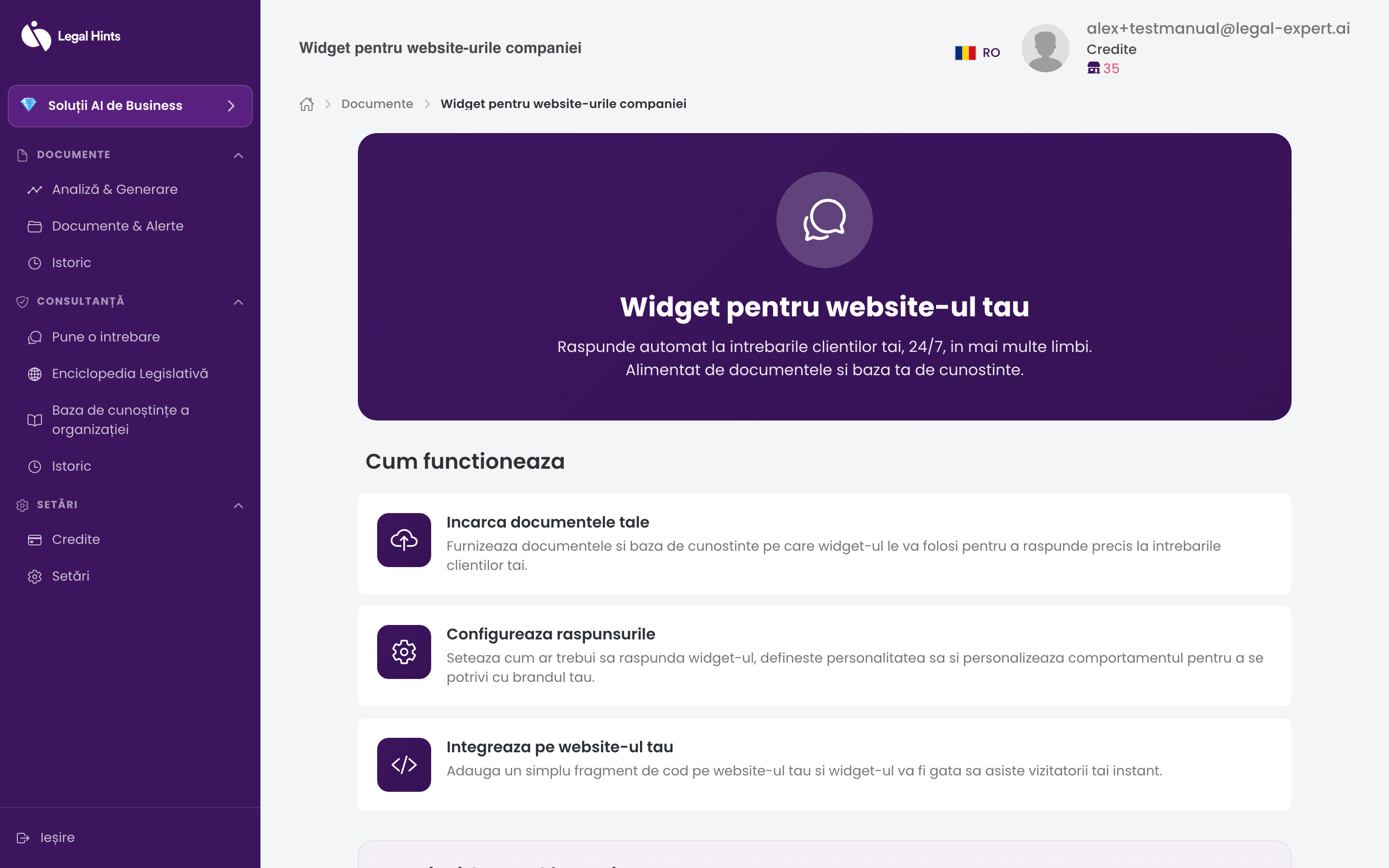 Widgetul de chat afișat pe site-ul clientului
